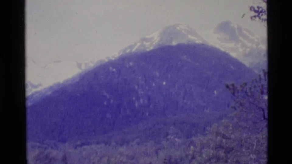 Wide 1977 Alaska landscape view showing a forested mountain ridge with pale snow-capped peaks in the distance.