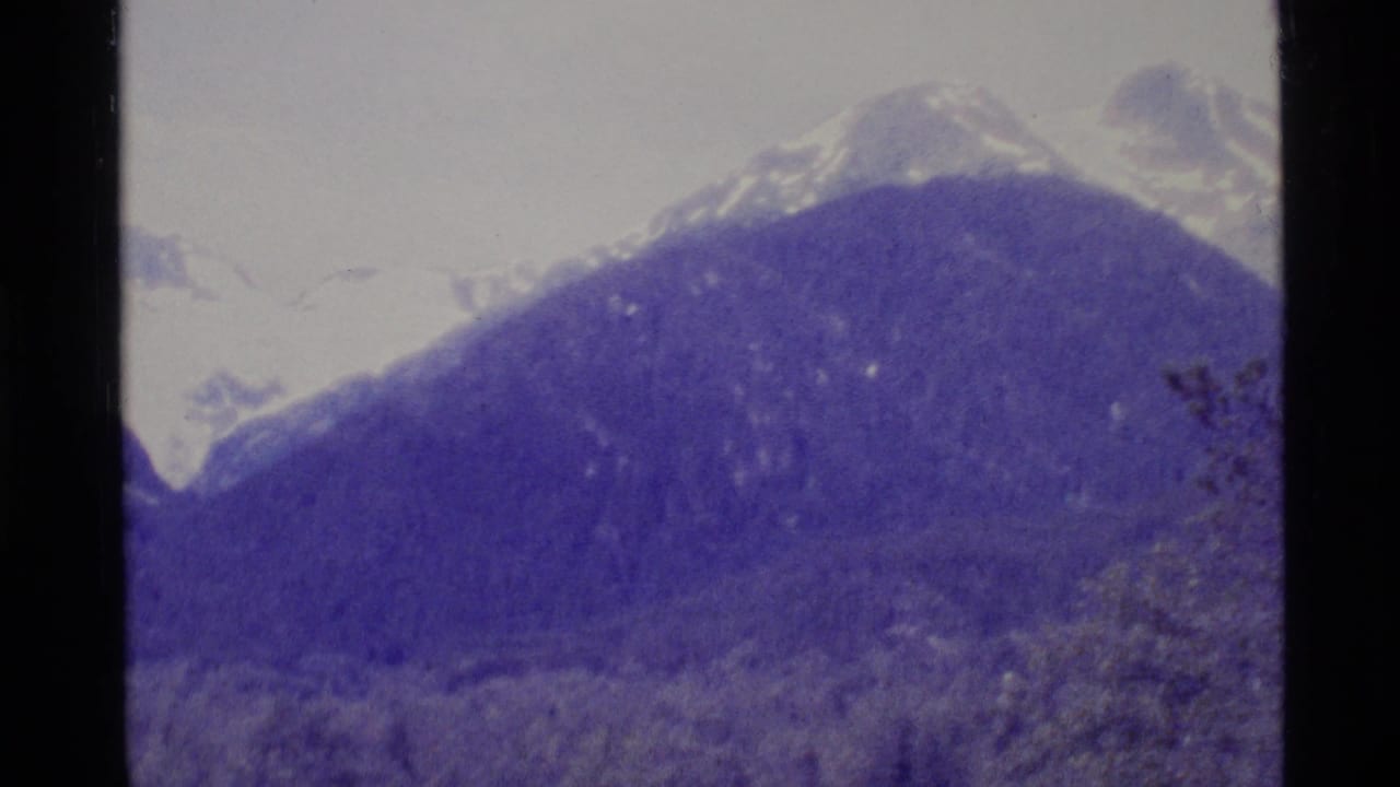 Snowy mountain peaks behind dark forested slopes with black 8mm frame borders.