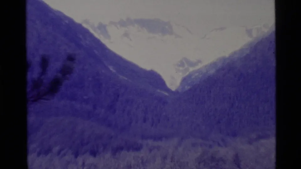 1977 Alaska 8mm frame of a distant snowfield and mountain slopes above a forested valley, tinted purple-blue by aged film.
