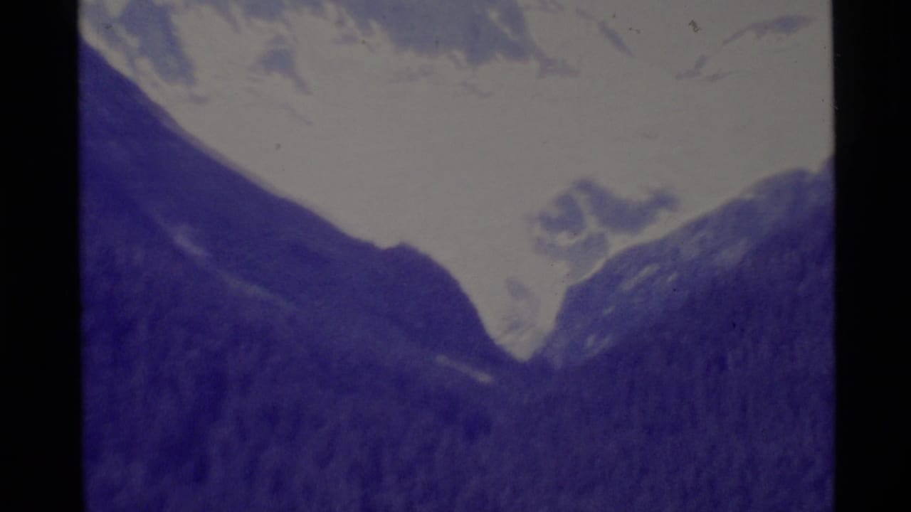 1977 Alaska 8mm frame showing snow-capped mountains and a valley above dark forested slopes with a purple film cast.