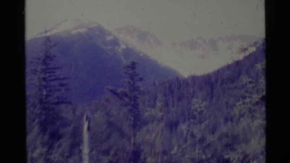 Snow-capped mountains and a forested valley appear in a wide Alaska landscape view on grainy 1977 8mm film.