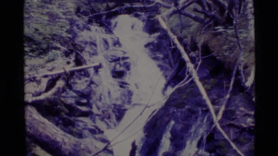 1977 Alaska 8mm frame showing creek water cascading over rocks through a wooded setting with bare branches in front.