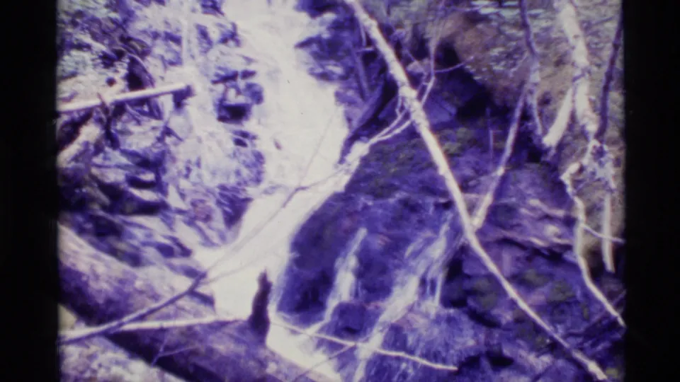 1977 Alaska 8mm frame showing bright cascading creek water bordered by rocks, branches, and fallen wood.