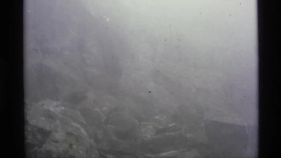 Soft 8mm frame from Alaska shows a misty hillside and indistinct rough ground under wet, gray conditions.
