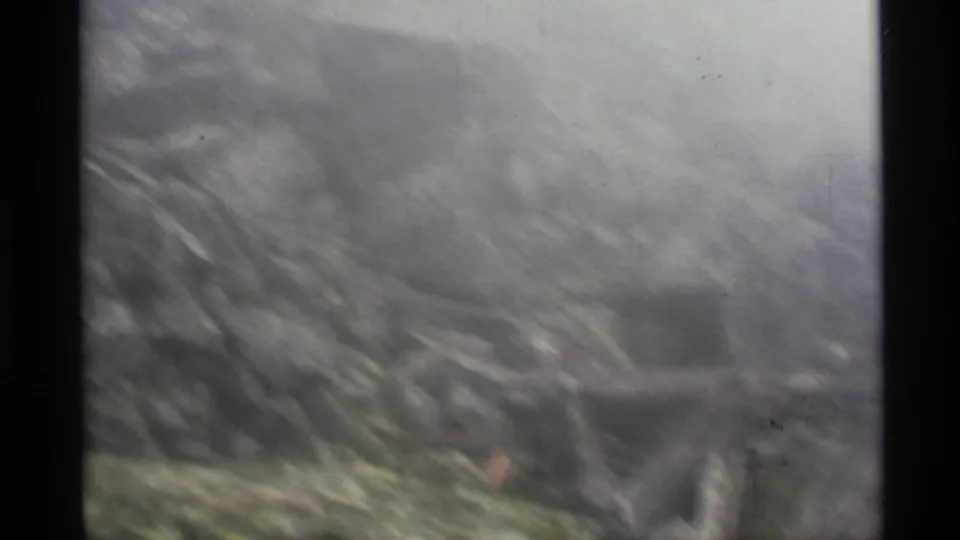 1977 Alaska home-movie frame shows blurred vegetation and uneven terrain, with fog and rain reducing detail.