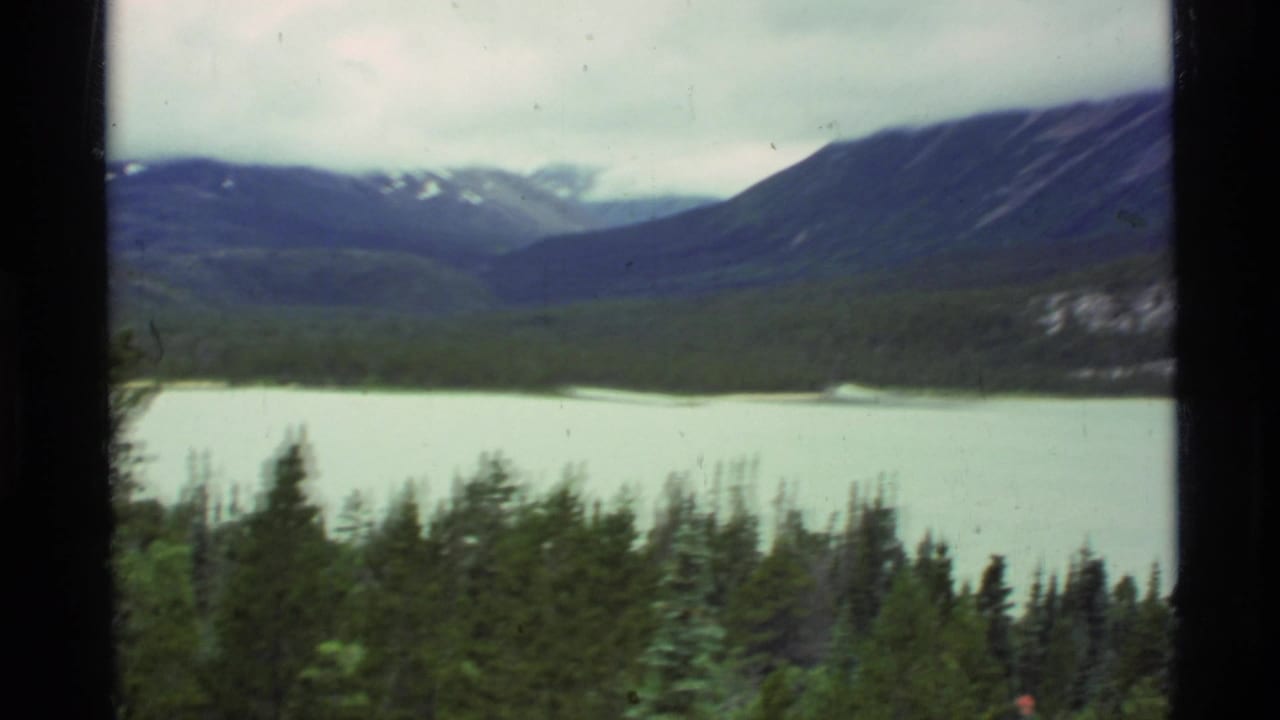 1977 Alaska 8mm frame showing pale glacial water, evergreen forest, and distant mountain slopes under cloudy sky.