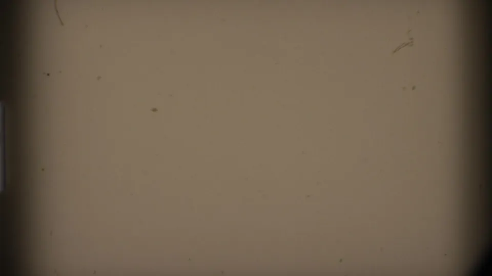 Blank or overexposed end frame from the 8mm scan, with beige field, dust marks, and dark rounded film-edge shading.