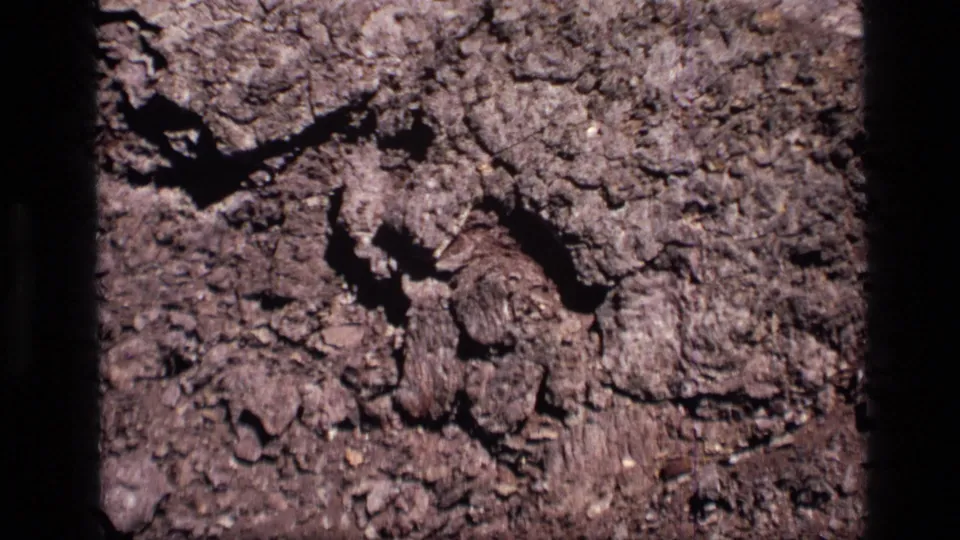 1972 Idaho 8mm frame ending on a tight textured view of broken rocks, cracked dirt, and shadowed fissures.