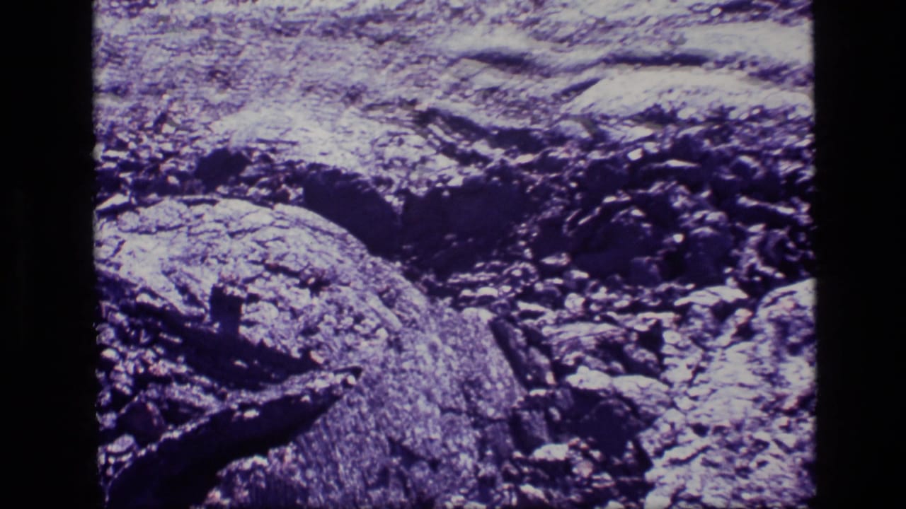 1972 Idaho 8mm frame showing rough rocky ground, dark boulders, and sparse plants under a purple film cast.