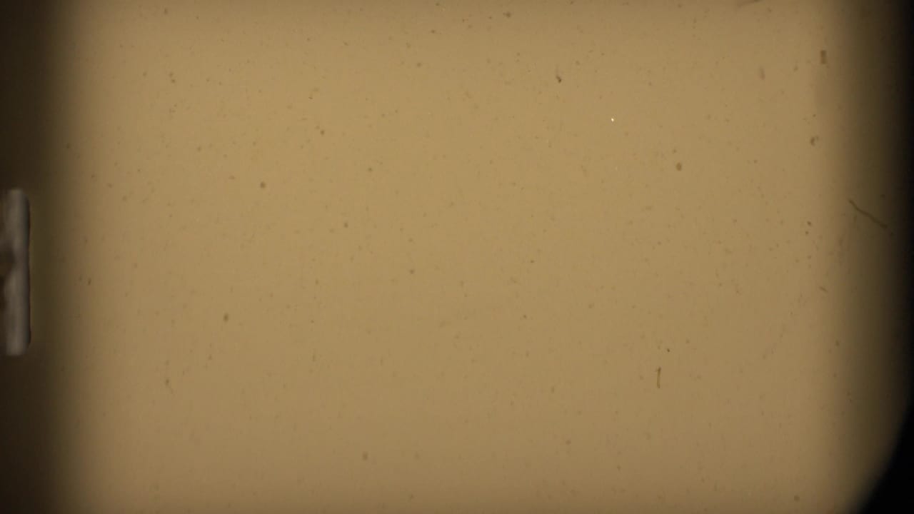 8mm leader or blank exposed film frame with tan color, dark gate edges, and visible dust specks.
