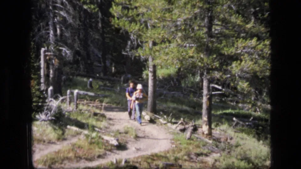1973 8mm home-movie frame of a couple walking on a forest trail in Scapegoat Wilderness, Montana, with trees and split-rail fencing nearby.