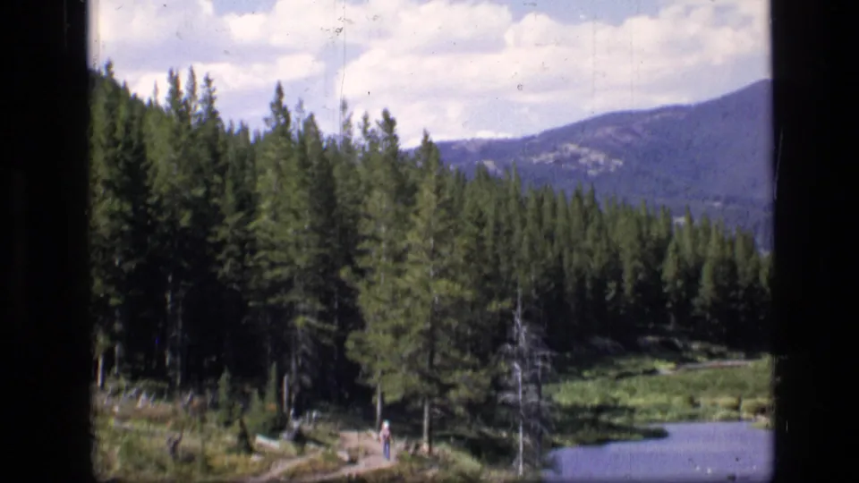 Wide Scapegoat Wilderness landscape with pine forest, calm lake, distant mountains, and a small figure near the shoreline in 1973 home-movie footage.