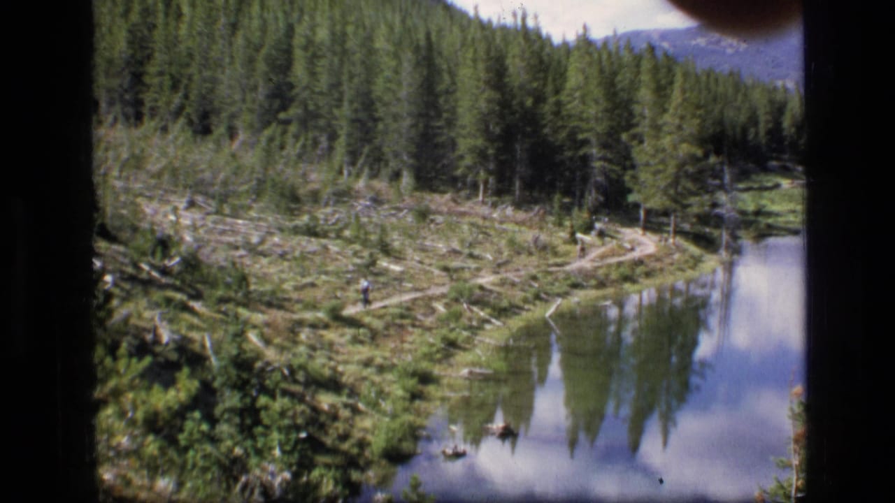 1973 8mm view in Scapegoat Wilderness, Montana, showing a reflective lake, pine forest, meadow, logs, and distant hills.