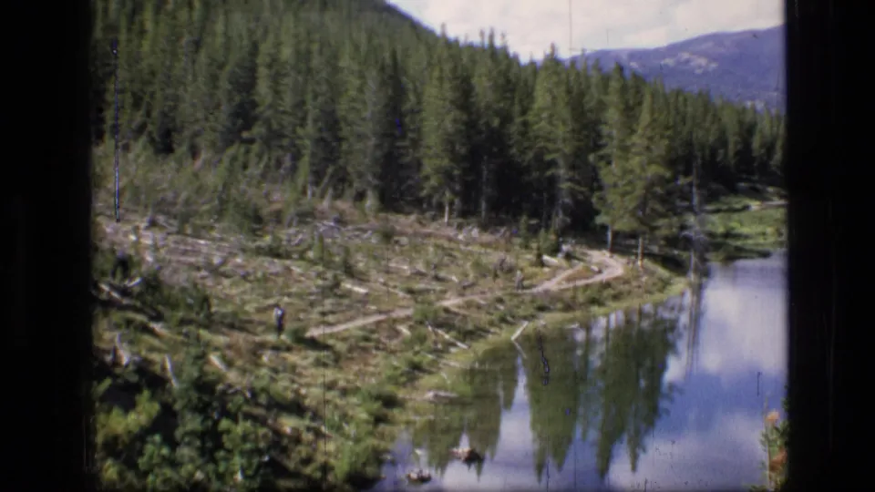 1973 Scapegoat Wilderness frame showing a small hiker on open meadow ground near a reflective lake and dense pine forest.