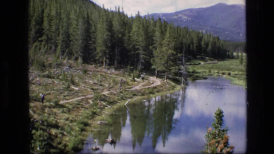 1973 Montana 8mm frame with a distant hiker beside a lake, pine forest, open meadow, scattered logs, and a blue mountain ridge.
