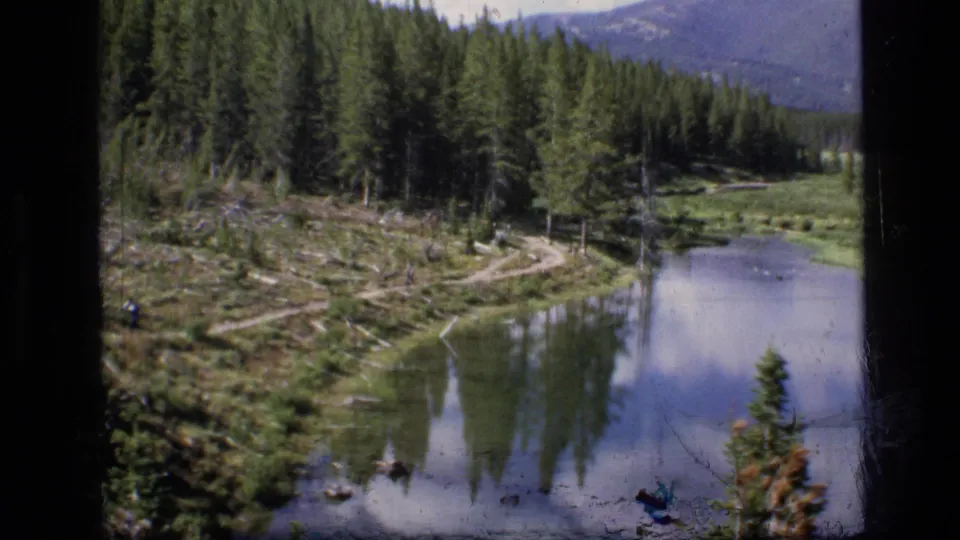 1973 8mm view of a Montana wilderness stream bordered by evergreen forest and distant hills, seen from an elevated bank.
