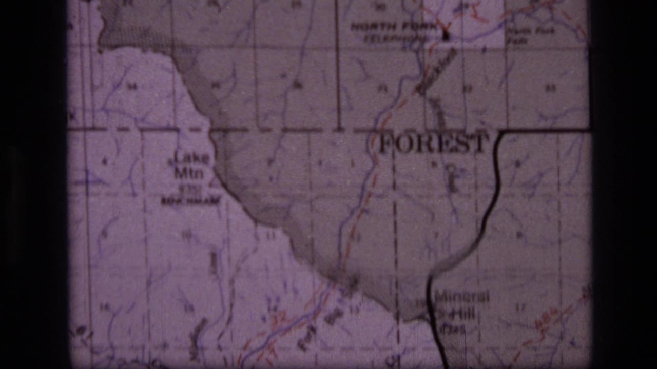 Map detail with Lake Mtn, forest boundary line, North Fork label, and dark central film divider.