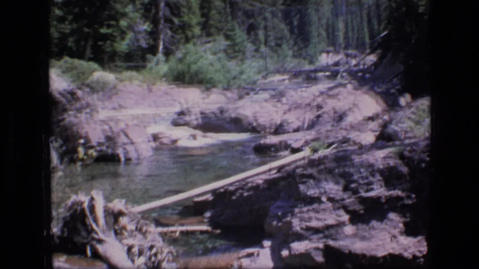 1973 Scapegoat Wilderness frame showing a rocky creek bend with fallen logs, pale banks, water, and dense conifer forest.