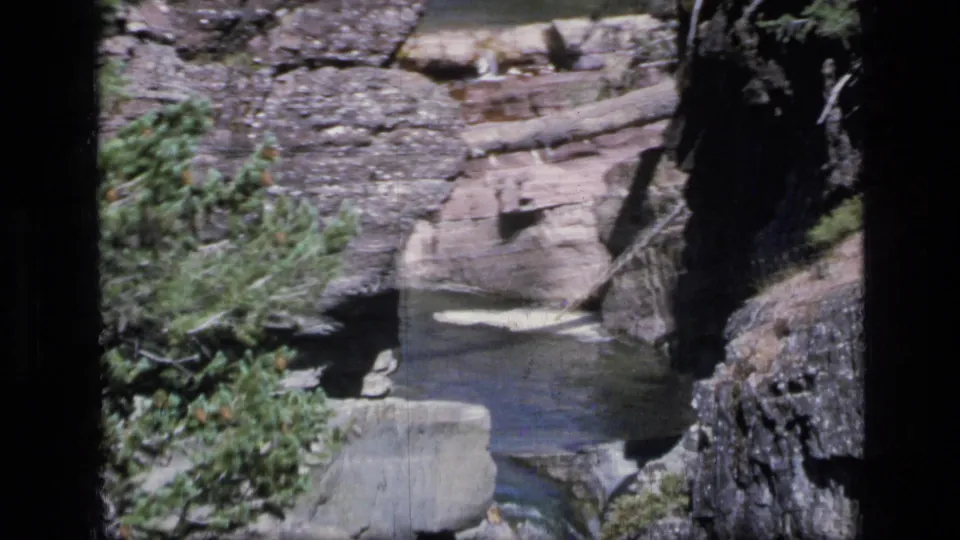 Closer 1973 8mm view of water moving through a rocky forest canyon with logs and conifer branches near the banks.