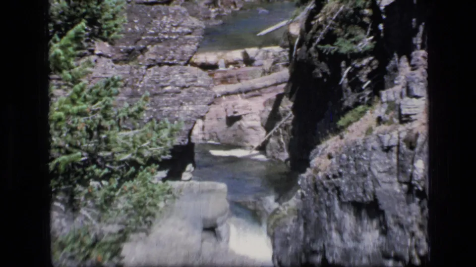 Scapegoat Wilderness stream seen from above, with rocky canyon sides, fallen wood, and evergreen vegetation in soft 8mm color.