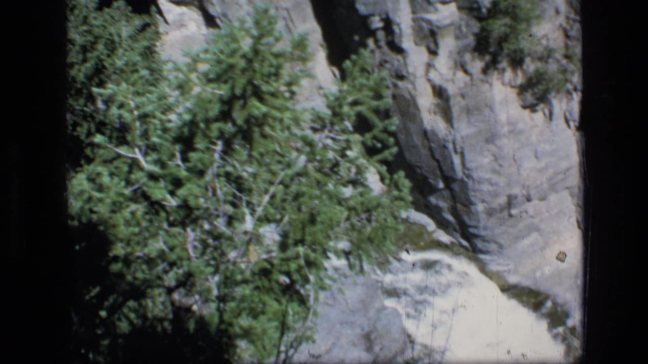 1973 8mm frame from Scapegoat Wilderness showing white water descending between rocky cliff walls and green trees.