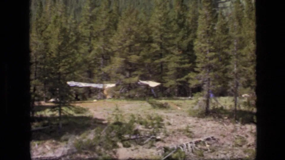 1973 8mm view of a Scapegoat Wilderness pine clearing with a makeshift tarp shelter and small tent among trees.