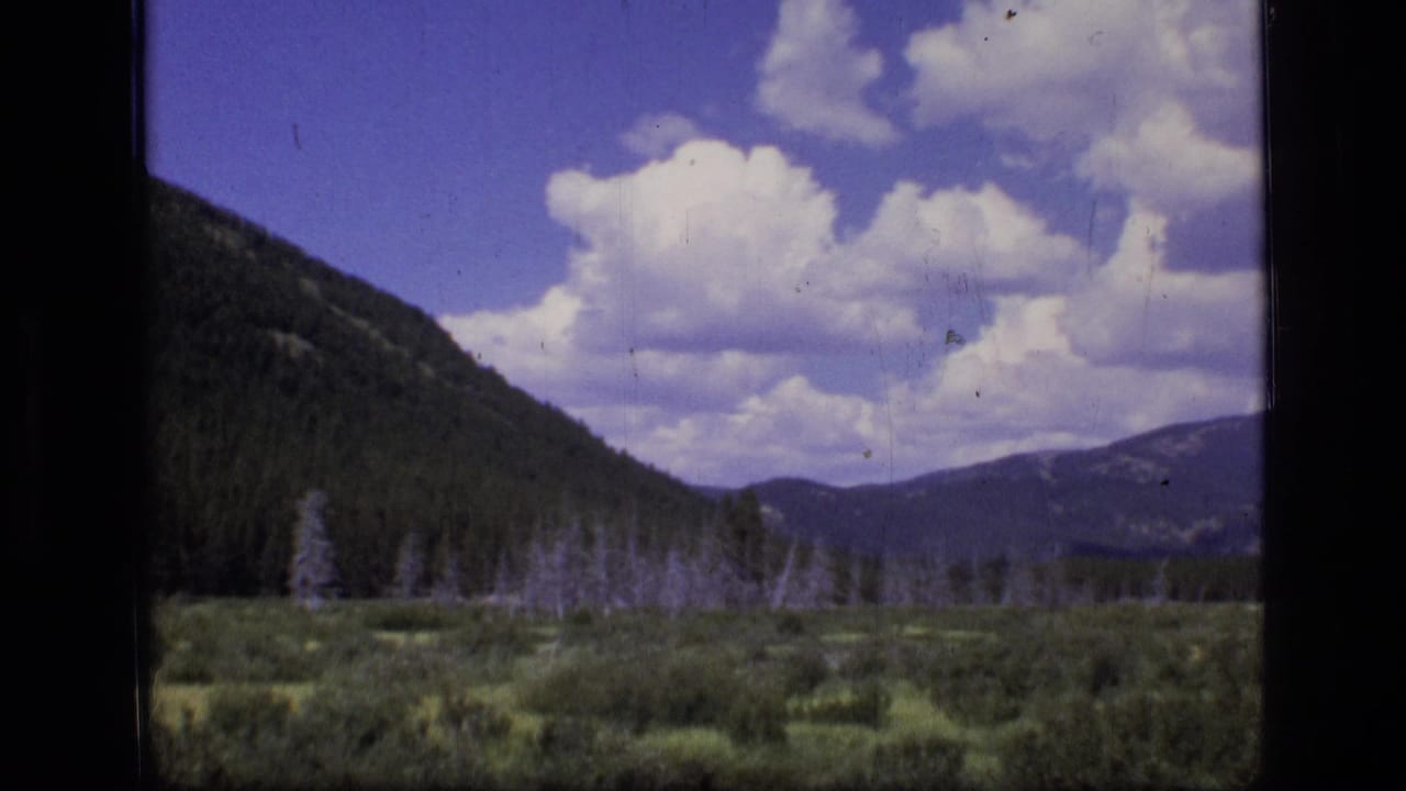1973 8mm view of Scapegoat Wilderness meadow, forest, and distant mountains under large white clouds.
