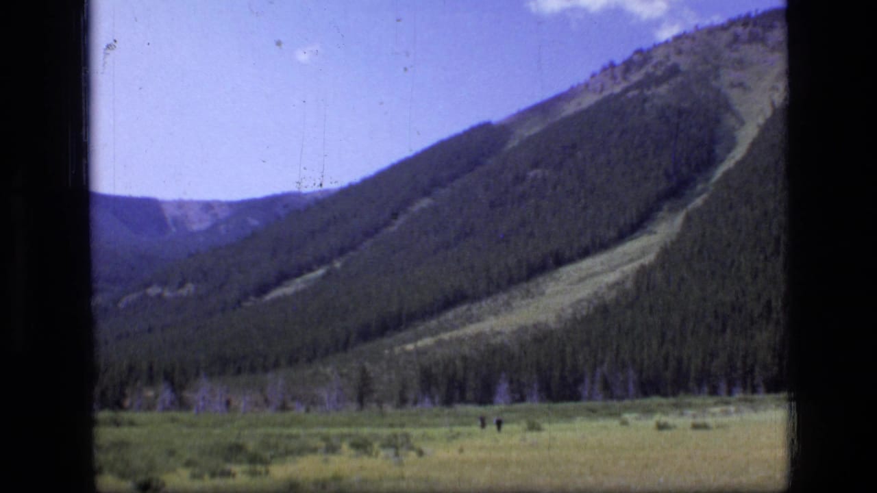 Two distant hikers cross a meadow below forested mountain slopes.