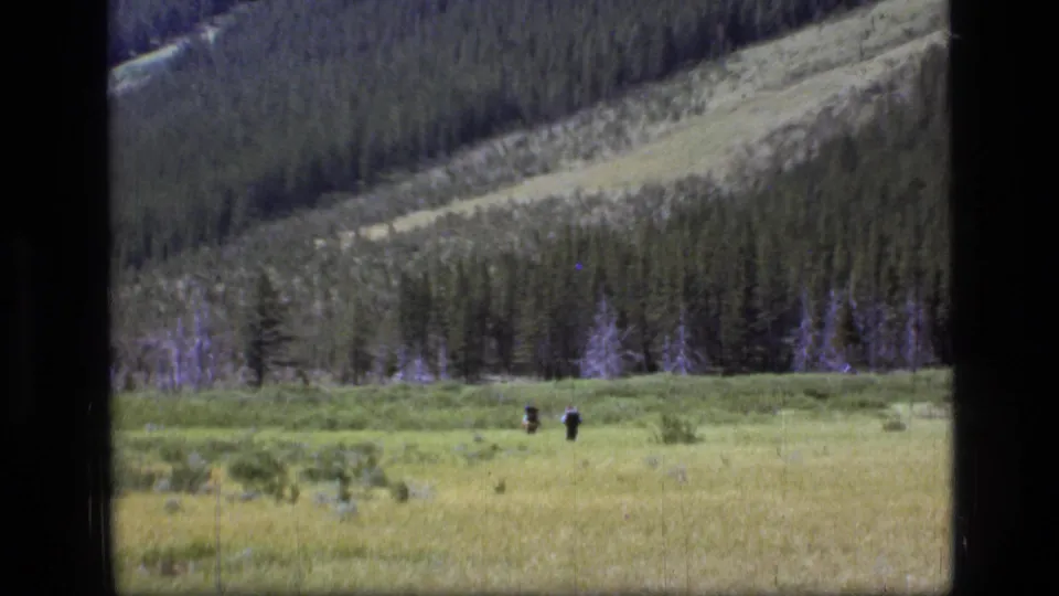 Distant hikers in Scapegoat Wilderness continue across grassland with dense evergreens and a sloping mountain backdrop.