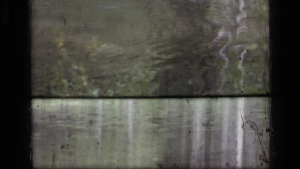 Final 8mm frame from the Montana wilderness clip, with rippled water, tree reflections, and the animal no longer clearly visible.