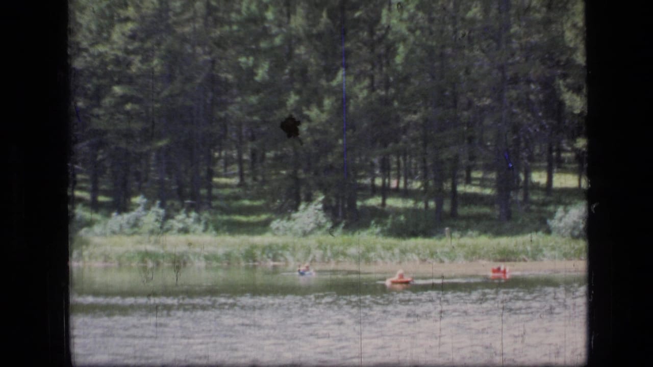 1973 8mm view of people swimming and floating near shore on a forested lake in Scapegoat Wilderness, Montana.