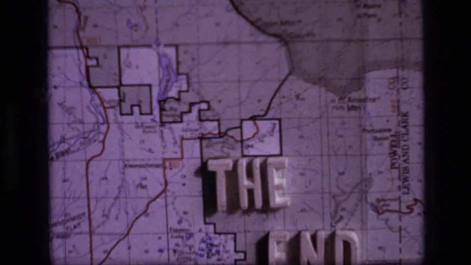 1973 Scapegoat Wilderness map shot with raised plastic THE END lettering partly visible during the zoom out.