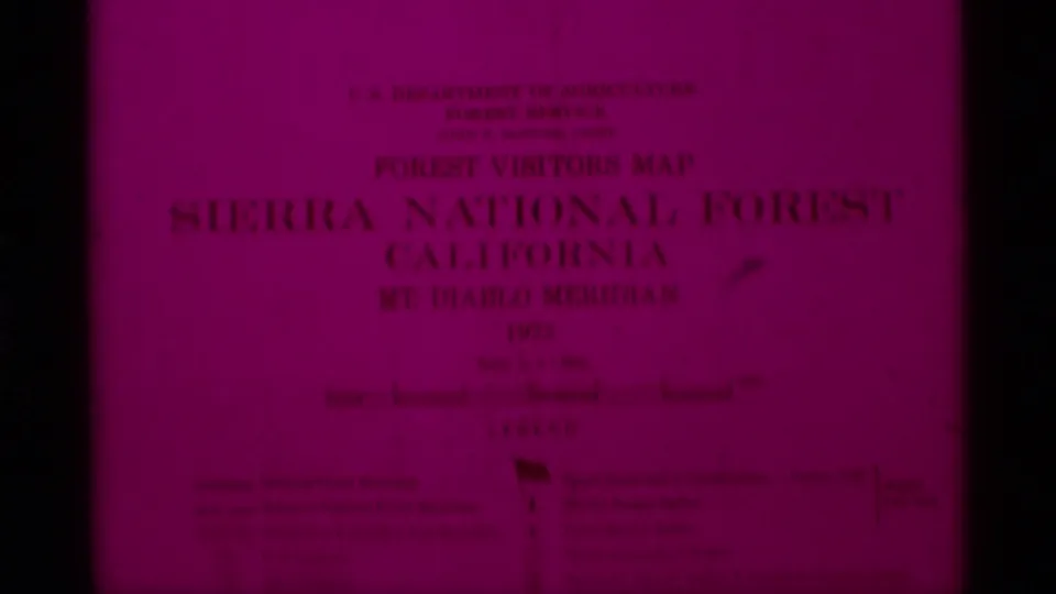 USDA Forest Service visitor map for Sierra National Forest, California, filmed in 1975 with a strong magenta cast.