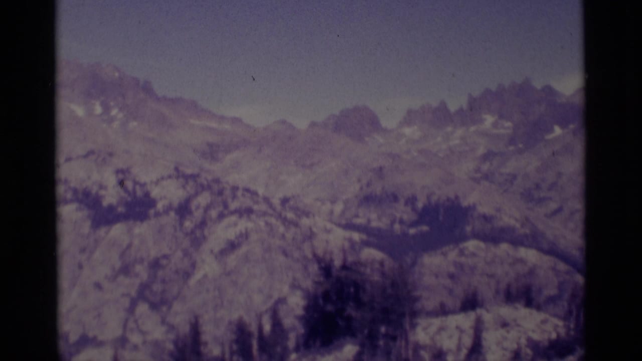Distant jagged mountain range under a gray sky with dark trees in the foreground.