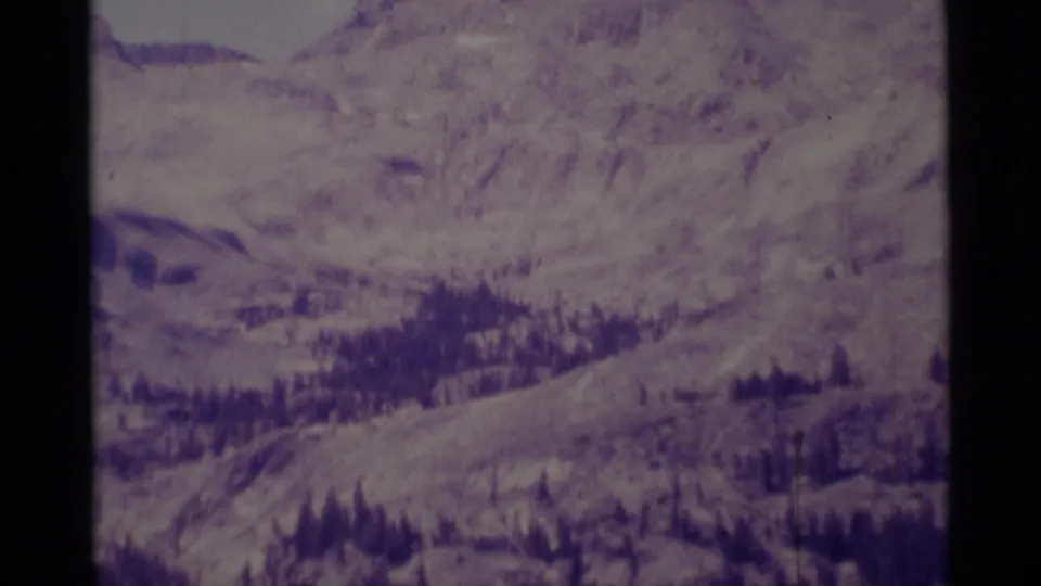 Zoomed 1975 8mm view of Minaret Wilderness slopes, with soft focus, evergreen clusters, and aged purple color shift.