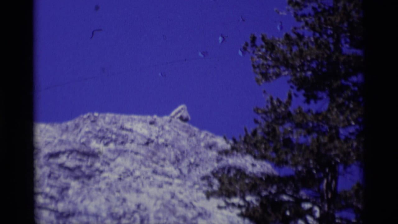 1975 8mm California wilderness frame with pale rock, saturated blue sky, and dark pine trees along the right edge.