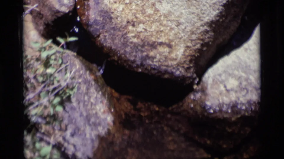 Final 8mm frame showing a small stream slipping between rocks and plants in the California wilderness setting.