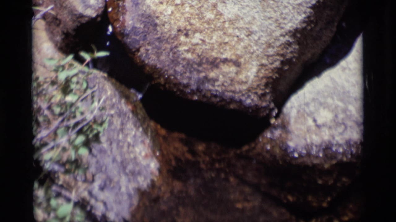 1975 8mm Minaret Wilderness footage showing water moving through wet rocks with small patches of green growth nearby.