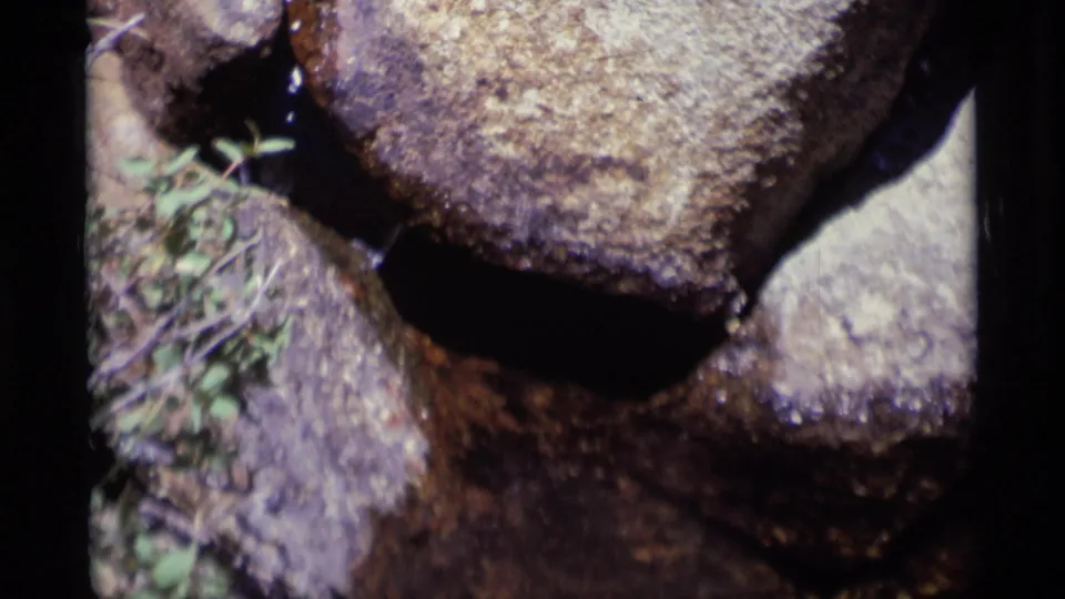 1975 8mm Minaret Wilderness footage showing water moving through wet rocks with small patches of green growth nearby.