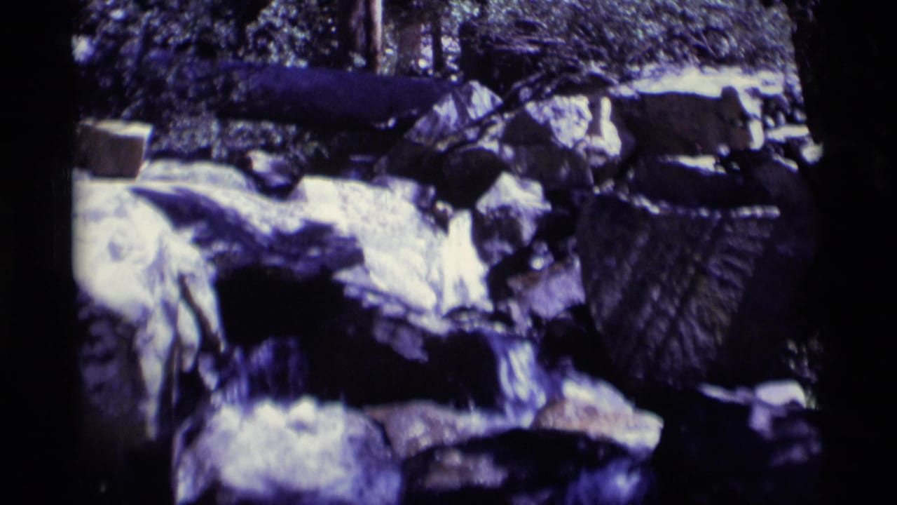 A grainy 8mm view of creek water crossing boulders in Minaret Wilderness, California, with trees and shaded brush behind.
