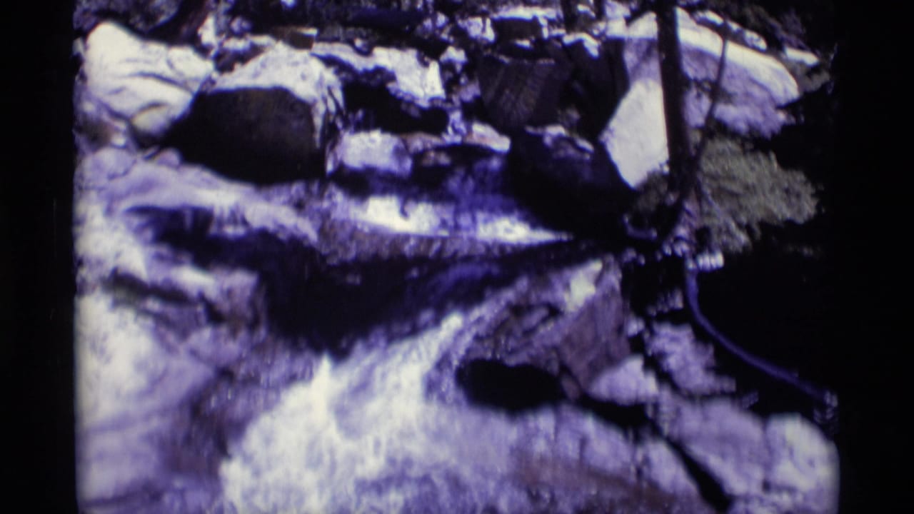 Rocky Minaret Wilderness stream on 8mm film, with pale froth, dark stones, and shaded trees around the channel.