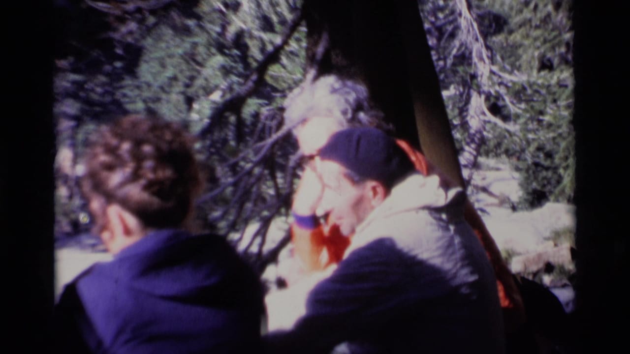 Close 1975 forest frame with seated companions and an older man in a cap near bright pine branches.