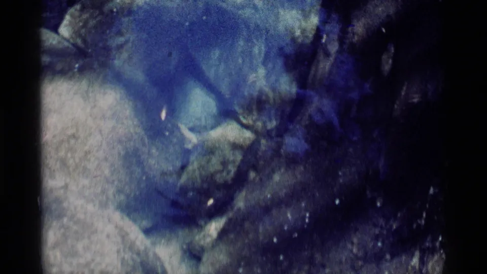 Blue-tinted 1975 8mm underwater frame with rounded stones, drifting particles and a dark crawling form in the riverbed.