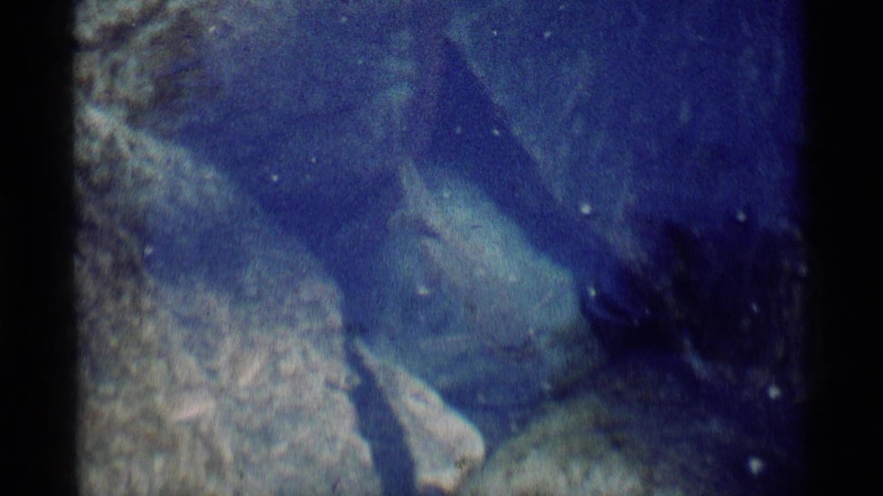 Blue-tinted 1975 8mm frame from Minaret Wilderness showing shallow water with rocks or sandy ground beneath the surface.