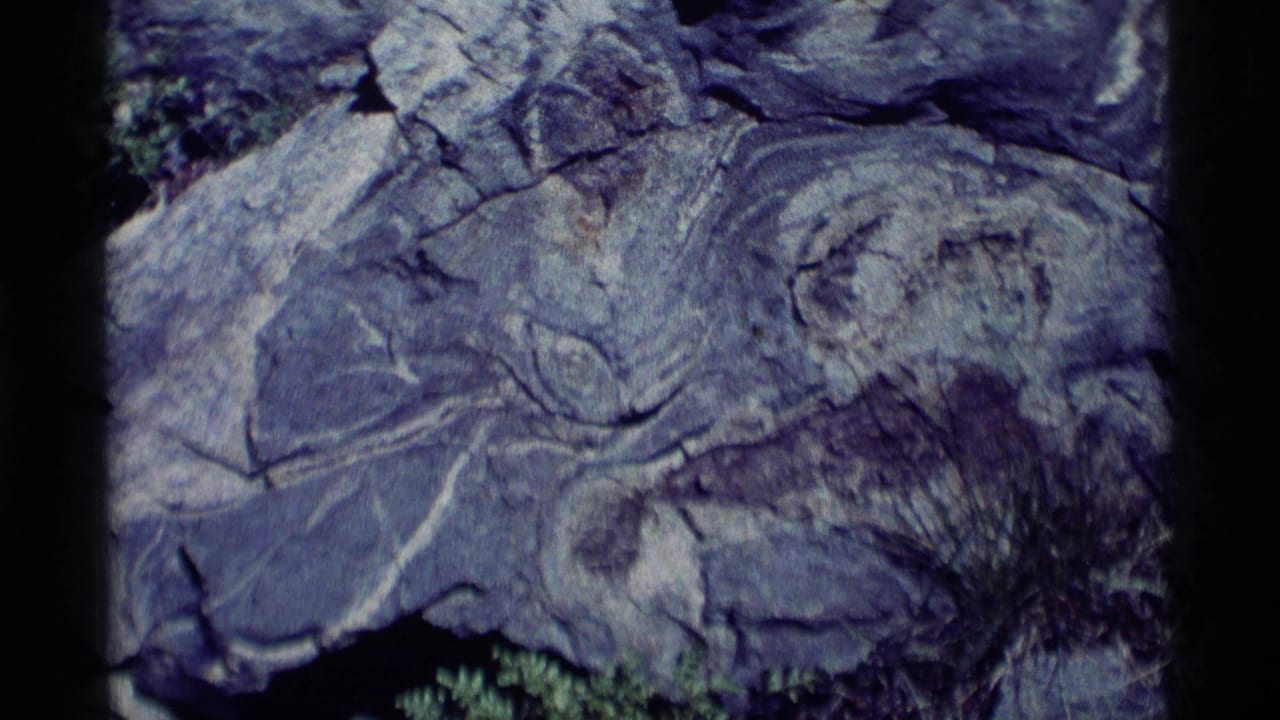 1975 8mm Minaret Wilderness frame showing a close boulder surface with branching cracks, layered stone, and a small patch of vegetation.