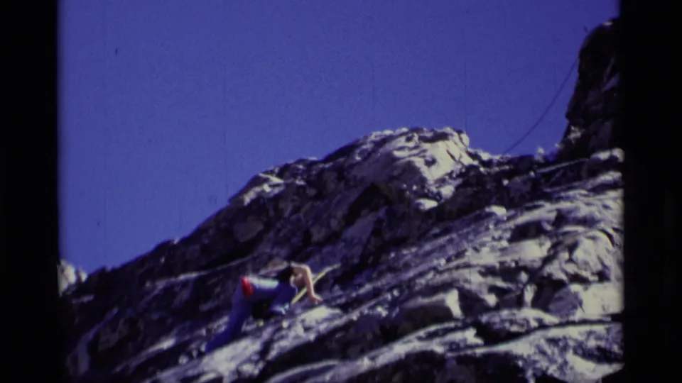 The final frame shows the climber lower on the exposed rock face, with rope lines visible across the Minaret Wilderness mountain setting.