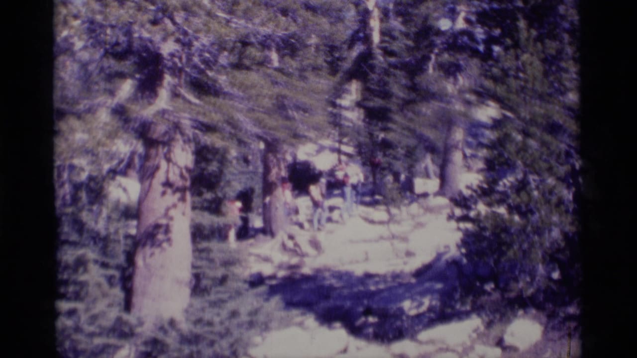 1975 Minaret Wilderness home-movie frame showing hikers on a rocky forest trail beneath tall trees.