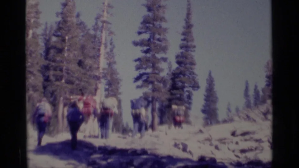 Several hikers with large packs move away from camera through a snowy conifer trail in 1975 wilderness footage.