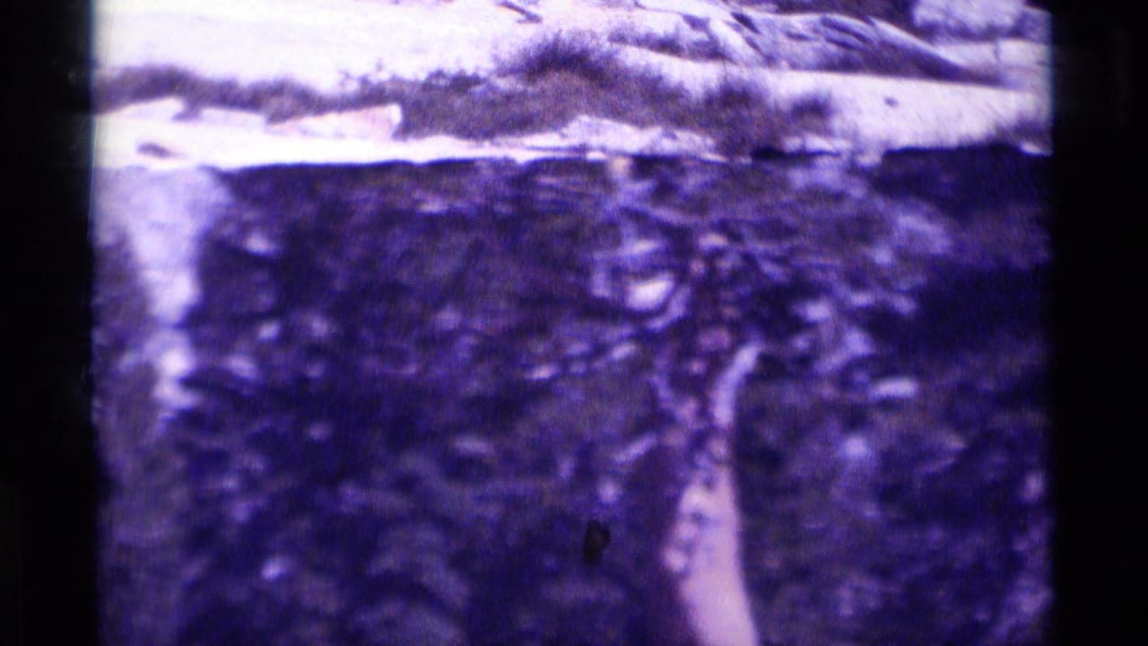 1975 8mm Minaret Wilderness view with shadowed forest, broken mountain rock, snow patches, and a strong purple-blue cast.
