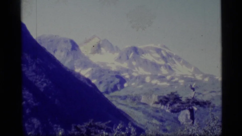 1977 Alaska 8mm view of snowy mountain ridges, a dark valley slope, and sparse foreground trees.